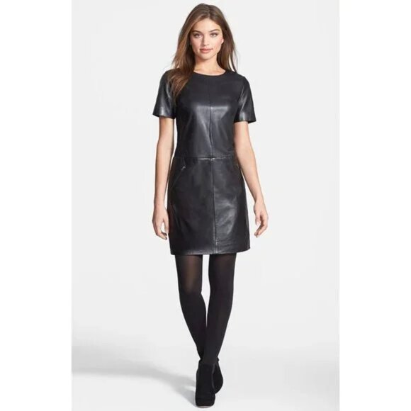Halogen NORDSTROM New Leather & Ponte Knit Shift Dress ESPRESSO BLACK Womens XLP - Picture 3 of 16